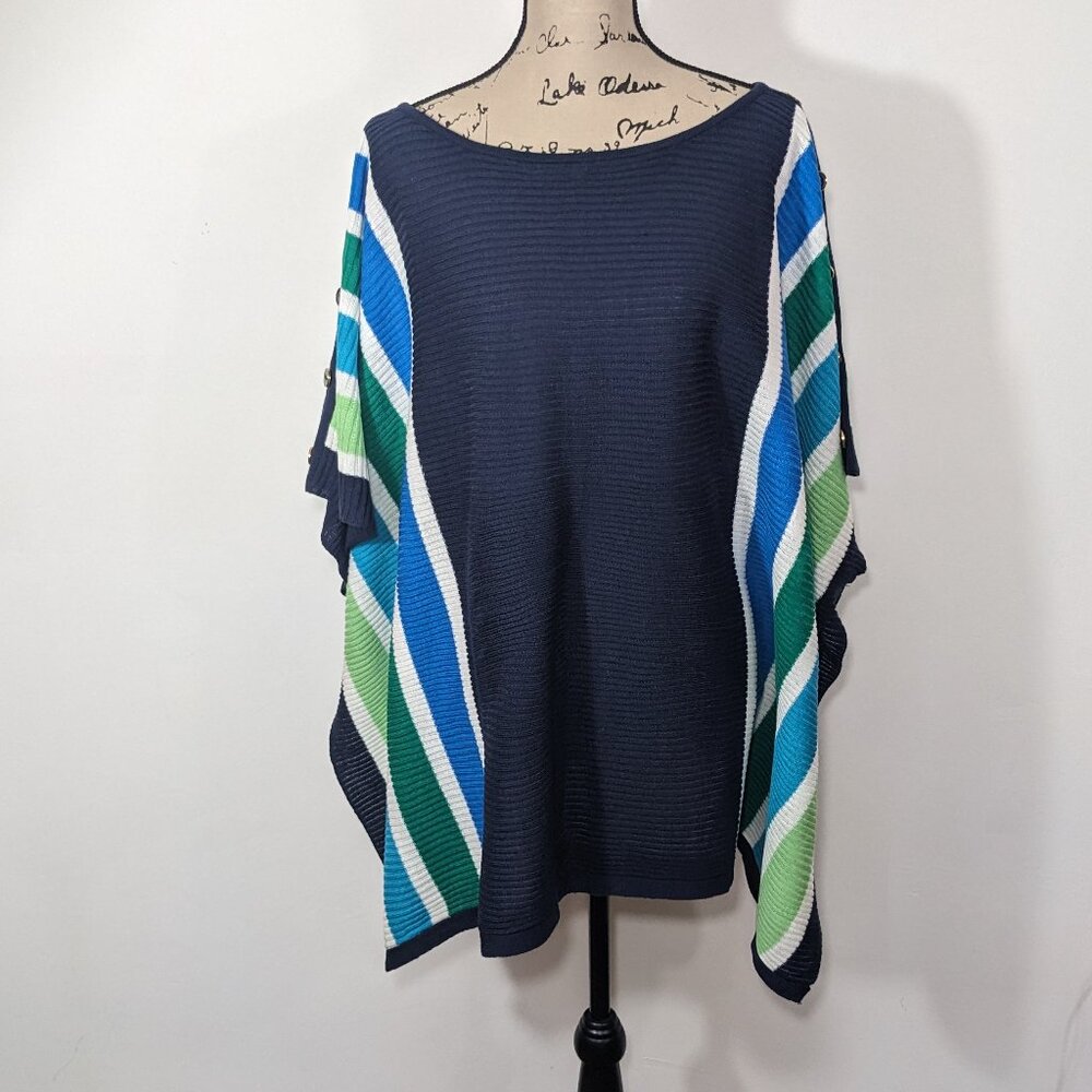 Liz & Me Women’s 0X-1X Poncho Sweater Striped Button Detail Short Sleeve Soft